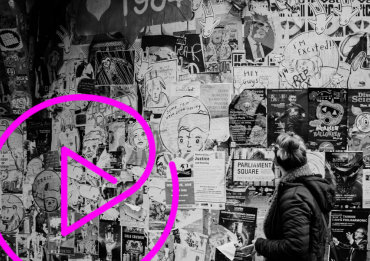 wall with posters and display marketing icon in pink