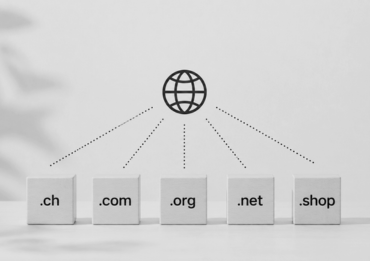 Minimalist illustration of different top-level domains such as .ch, .com, and .org displayed on wooden blocks with a stylized network icon on a light background.